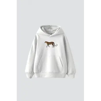 Walking Leopard Baskılı Oversize Unisex Premium Beyaz