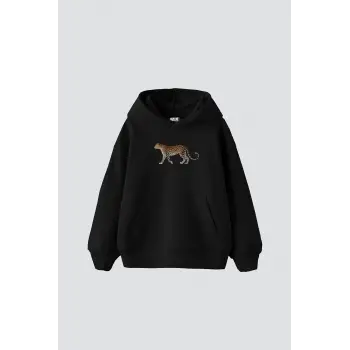 Walking Leopard Baskılı Oversize Unisex Premium Siyah