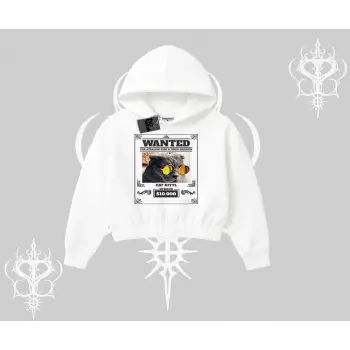 Wanted Temalı Kedi Baskılı Kapşonlu Crop Sweatshirt