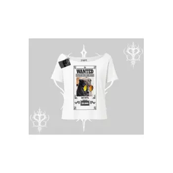 Wanted Temalı Kedi Baskılı Kayık Yaka Tshirt