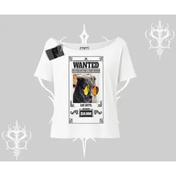 Wanted Temalı Kedi Baskılı Kayık Yaka Tshirt