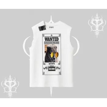 Wanted Temalı Kedi Baskılı Kolsuz Tshirt