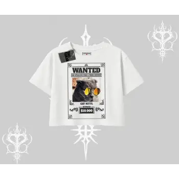 Wanted Temalı Kedi Baskılı Oversize Crop Tshirt