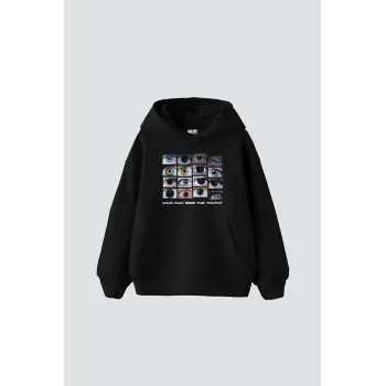 Who Can See Baskılı Oversize Unisex Premium Siyah