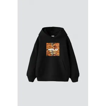 Wild Baskılı Oversize Unisex Siyah