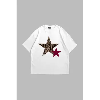 Y2k Leopar Starz Baskılı Oversize Unisex Beyaz