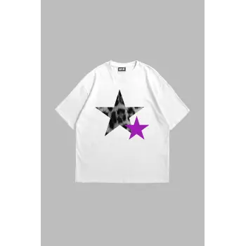 Y2k Leopar Starz V2 Baskılı Oversize Unisex Beyaz