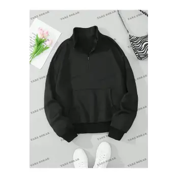 Y2K Yarım Fermuarlı Bay Sweatshirt Siyah