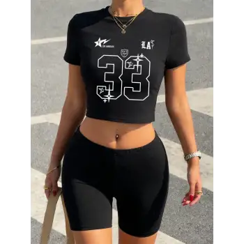 Yaz Los Angeles Numarası 33 Baskılı Babby TeeT-Shirt Şort Kadın İki Parçalı Set Üstleri Pantolon