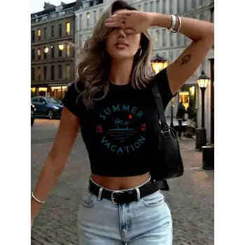 Yaz Tatili 1997 Baskılar Bayan Babby Tees Y2K Sportif Yüksek Elastik O-Yaka Tişörtler Seksi İn