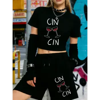Yazlık Cin Cin Cheers Baskılı Babby TeeT-Shirt Şort Kadın Seksi İki Parçalı Set Diz Boyu Pantolon