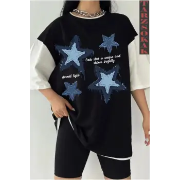 YILDIZ DESENLİ Siyah Oversize Çift Renk