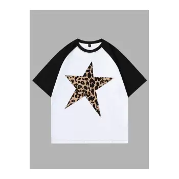 YILDIZ LEOPAR BASKILI ÇİFT RENK T SHIRT