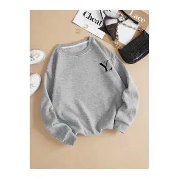 YL Özel Baskılı Renkli Oversize Bisiklet Yaka Pamuklu Sweatshirt Gri