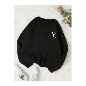 YL Özel Baskılı Renkli Oversize Bisiklet Yaka Pamuklu Sweatshirt Siyah