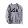 American Flag & Letter Graphic Lined Sweatshirt Gri