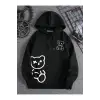 Ayıcık Baskılı 3 İplik Kapüşonlu Ünisex Oversize Sweatshirt Siyah