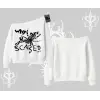 Beyaz Kayık Yaka Sweatshirt Why are u Scared