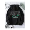 Boston Renkli Baskılı Oversize Kapüşonlu Sweatshirt Siyah