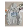 Brooklyn Baskılı Üç İplik Ünisex Oversize Kapüşonlu Sweatshirt Gri