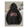 Brooklyn Baskılı Üç İplik Ünisex Oversize Kapüşonlu Sweatshirt Siyah