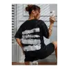 Brooklyn Slogan Baskılı Gazete Desenli Oversize