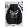 Butterfly & Slogan Graphic Kangaroo Pocket Drawstring Hoodie Siyah