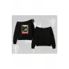 Candyland Yazılı Sevimli Kedi Baskılı Kapşonlu Sweatshirt