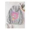 Cartoon & Letter Graphic Drawstring Lined Hoodie Gri