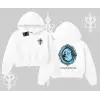 Çerçeveli Kedi Baskılı Kapşonlu Crop Sweatshirt