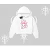 Cozy Queen Kedi Baskılı Kapşonlu Crop Sweatshirt