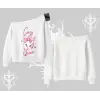 Cozy Queen Kedi Baskılı Kayık Yaka Sweatshirt