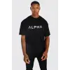 Erkek Siyah Alpha Baskılı Oversize Bisiklet Yaka T-shirt