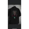 Erkek Siyah Baykuş Oversize Bisiklet Yaka Tshirt