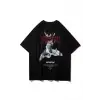 Erkek Siyah Melek Baskılı Oversize Bisiklet Yaka Tshirt