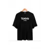 Erkek Siyah Tokyo Baskılı Oversize Bisiklet Yaka Tshirt