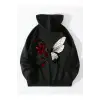Floral & Butterfly Print Drawstring Lined Hoodie Siyah