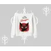 Gotik Kedi Arka Baskılı Kayık Yaka Sweatshirt