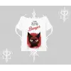 Gotik Kedi Arka Baskılı Kayık Yaka Tshirt