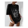Kadın Çizgili Figür Oversize Siyah T-shirt