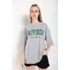 Kadın Gri Happıness Baskılı Oversize Tshirt