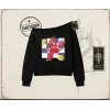 Kadın Istakoz Ekose Kadın Kayık Yaka Sweatshirt Beyaz
