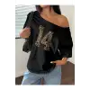 Kadın Kayık Yaka Baskılı Oversize %100 Pamuk