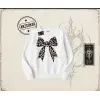 Kadın Leopar Kurdele Oversize Unisex Bisiklet Yaka Sweatshirt Beyaz