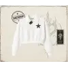 Kadın Leopar Yıldız Kadın Crop Polo Yaka Yarım Fermuarlı Sweatshirt Beyaz