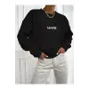 Kadın Maın Baskılı Oversize Bisiklet Yaka Sweatshirt Siyah
