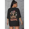Kadın Siyah Love Yourself Baskılı Oversize