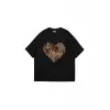 Kalp Leopar Baskılı 24/1 Oversize Unisex Siyah