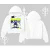 Kapşonlu Crop Sweatshirt Anime Unity Neon Detaylı Grafik Baskılı