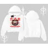Kapşonlu Crop Sweatshirt Daruma Kedi Anime Baskılı